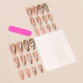 Gold Chrome Press on Nails Medium Almond Stick on Nails with Designs 3D Gold Edge Glue on Nail Micro Carved Ripple Fake Nails Glossy Reusable Summer False Nails for Women Girls Manicure 24Pcs