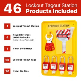 TAEGIQI Lockout Tagout Station with Loto Devices-Lock Out Tag Out Kit Board with 4 Brass Cylinder Safety Padlocks,Hasp,Lockout Tags,20 Nylon Ties,Lockout Safety Supply for OSHA Compliance