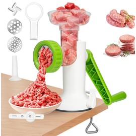 LHS Manual Meat Grinder, Heavy Duty Meat Mincer Sausage Stuffer,Hand Grinder with Stainless Steel Blades for Meat, Sausage, Cookies,Green(3 in 1, with table clamp)