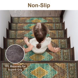 sarben Non Slip Stair Treads for Wooden Steps 15PCS - 8"x30" Indoor Safety Carpet, Edging Mats with TPE Adhesive Backing, Pet and Elderly Friendly Stair Rugs (Amber&Cyan)