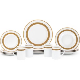 Dinnerware Set for 4 - White with Gold Rope Vintage Design - Porcelain Dish Set Tableware Setting with Mug for Every Day Use or Formal Occasions (Rope 2016, 16 PIECE SET)