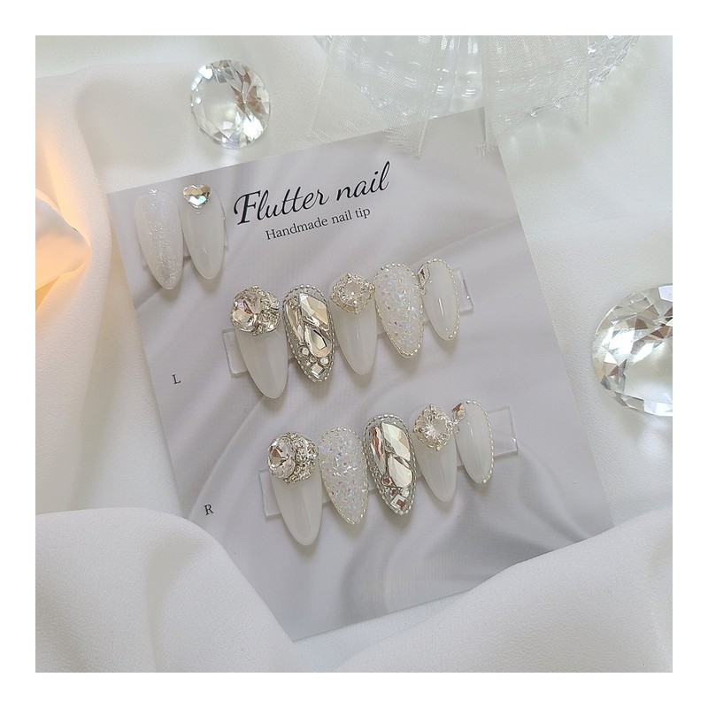 Stone-filled wedding handmade nail tips - Petit round / 스톤
