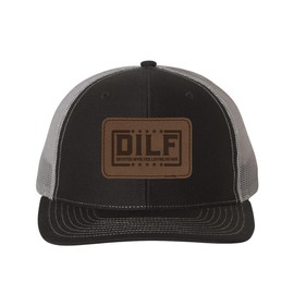 TeesAndTankYou DILF Devoted Involved Loving Father Mesh Back Trucker Cap Engraved Faux-Leather Patch Adjustable Hat Black/Charcoal