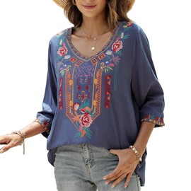 AK Embroidered Tops for Women 3/4 Sleeve Peasant Blouse Mexican Shirts V Neck Traditional Tunic Casual Tops (Grey, S)