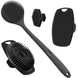 Juego de 4 Cepillos de Silicona para Baño, Incluye Cepillo Largo para Espalda, Cepillo Corporal, Cepillo para Lavar Cabello y Cepillo Limpieza Facial (Black6)
