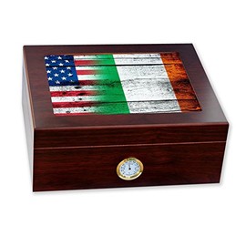 ExpressItBest Premium Desktop Humidor - Glass Top - Flag of Ireland (Irish) - Wood with USA Flag - Cedar lined with humidifier & front mounted hygrometer.