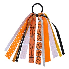 Basketball Ponytail Holder Hair Streamer Tie,Sports Hair Accessory for Girls Women, Glitter Pony Bow Elastic Band for Game Day Cheerleading Athletic outfit Decor 8.7in