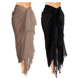 2 Sarongs Largos de Batik de Playa de Mujer con Borla (Negro, Caqui, L)