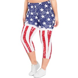 RITERA Plus Size Capri Leggings for Women 2X Tummy Control Strechy Knee-Length High Pants American Flag Prints Oversized Holiday Jeggings Ladies Yoga Sport Tights Legging 2XL 18W 20W