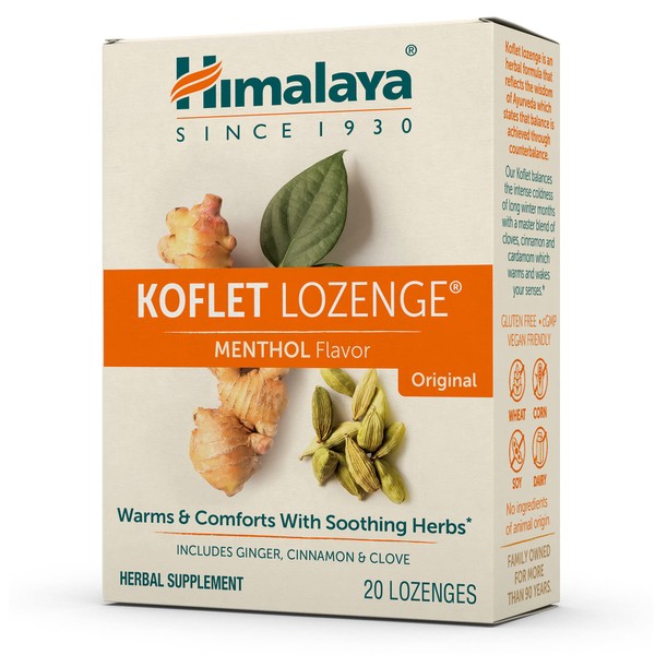 Himalaya Koflet Lozenges, Original Menthol Flavor, Natural Herbal Cough Drop for Warming Relief and Soothing Throat Comfort, 130 mg, 20 Lozenges,Beige