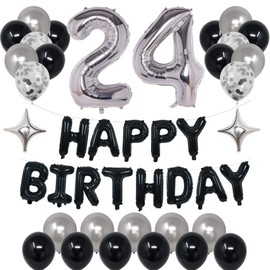 NANINUNENO 24th Black Silver Birthday Party Decorations for Men Women, Happy 24 Birthday Party Supplies with Black Happy Birthday Banner, Silver Foil Stars, Happy Birthday Balloons for 24th Birthday