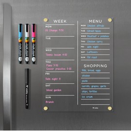 Magnetic Acrylic Week, Menu & Shopping List for Fridge, Includes 4 magnetic wet-erase markers for Refrigerator, 9" X 12".