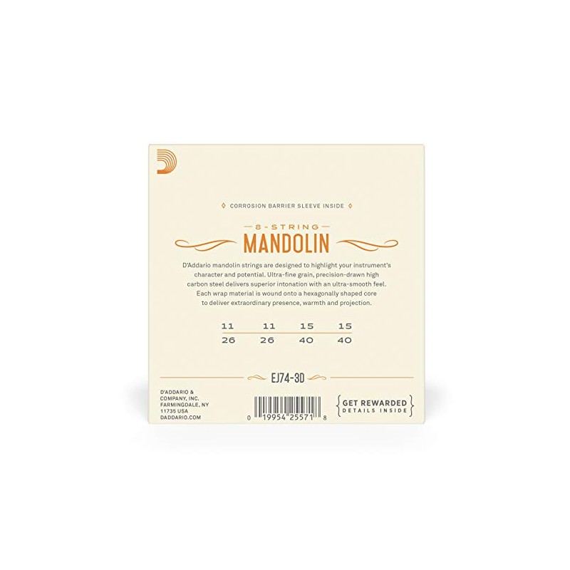 D'Addario Mandolin Strings, Phosphor Bronze, EJ74-3D, Medium Gauge 11-40, 8-String