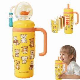 Stainless Steel Whale Fountain Tumbler with Handle – Two Lids, Spill-Proof, 710ml Drinking Cup with Whale Squirt, Cute & Perfect for Kids, Teens, and Adults, Dishwasher Safe (Yellow Bear)