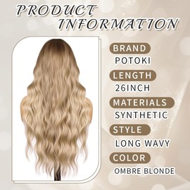 Potoki Ombre Blonde Synthetic Wig with Bangs Long Wavy Wig for Women 26"