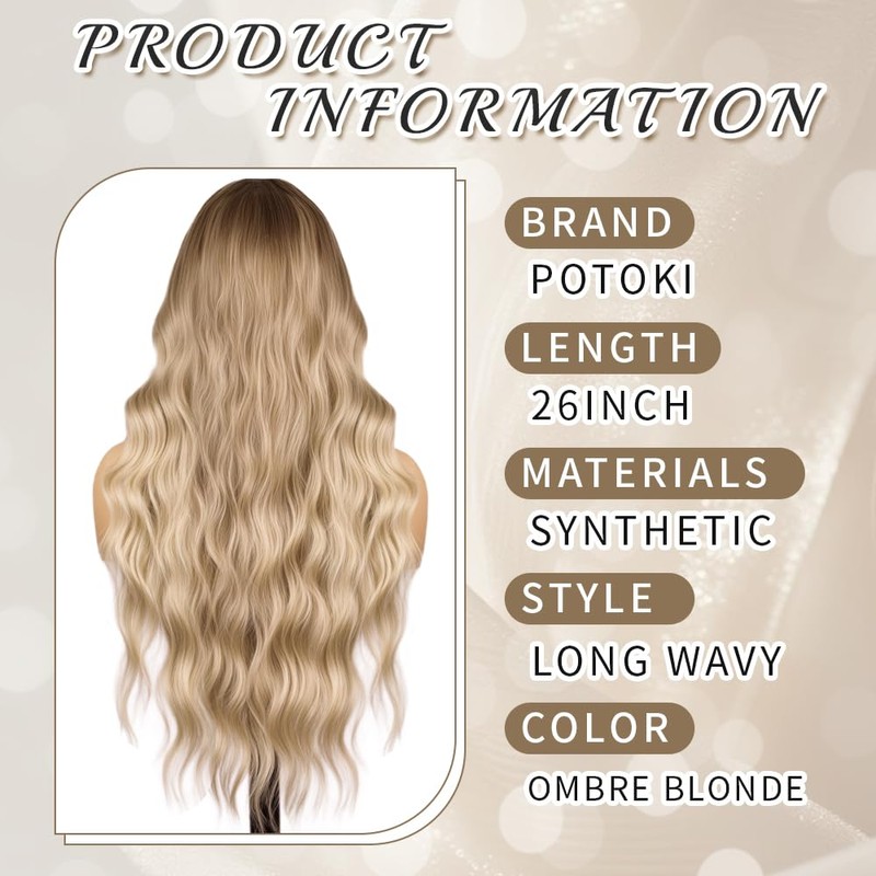 Potoki Ombre Blonde Synthetic Wig with Bangs Long Wavy Wig