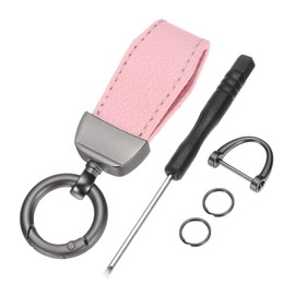 uxcell Car Key Chain, Zinc Alloy Leather Car Keychain Anti-lost D-Ring Key Chain Fob 360 Degree Rotatable Decorative with Screwdriver for Men and Women, Metallic Black/Pink