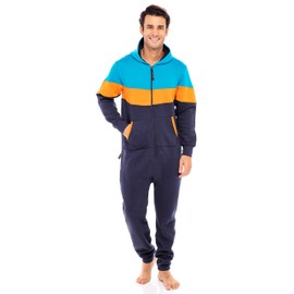 Skylinewears Men's Fleece Hooded Onesie Stylish Unisex Zip-Up Jumpsuit Pajamas & Casual Playsuit Teal Orange Navy S