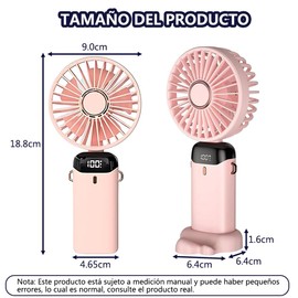 Ventilador Portátil de Mano Recargable Plegable - Recargable por USB, Plegable de 90° Base, Mini Ventilador de 5 Velocidades con Cordón y Base, Visualización Digital LCD para Hogar, Oficina (Rosa)
