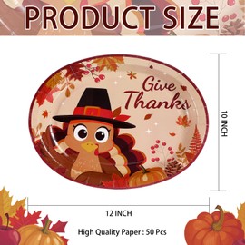 Grencian 50Pcs Autumn Oval Paper Plates 10" x 12" Large Disposable Heavy Duty Simple Pen Turkey Platter Fall Give Theme Thanks Dessert Plate for Holiday Birthday Harvest Dinner Party Supplies