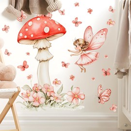 DRWSSR 2 Sheets Removable Cute Mushroom Fairy Wall Decals DIY Green Plants and Flower Wall Decals Peel and Stick Pink Butterfly Decal for Girls Home Nursery Bedroom Bathroom Decor
