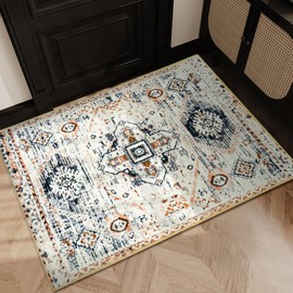 Soft Washable Area Rug 2x3 Entry Rug Small Door Mat Vintage Entryway Rug, Ultra-Thin Non-Slip Low Pile Floral Carpe for Indoor Front Entrance Bedroom Kitchen Bathroom Laundry Room Grey