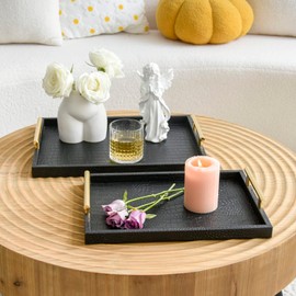 JUMBO HUMBLE Modern Elegant Large Wood Serving Tray, Set of 2 Black Crocodile Leather with Gold Polished Metal Handles, Rectangle Decorative Tray Ottoman Tray Coffee Table Tray for Living Room