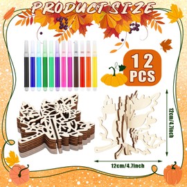 Blosssound 48 Pcs Fall Craft Set 36 Wood Maple Leaf Crafts 3D Maple Leaf Cutouts with 12 Colored Markers Wooden Unfinished Slices to Paint for Thanksgiving Autumn DIY Handmade Tiered Tray Table Decor