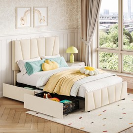 Twin Size Bed Frame with Adjustable Headboard and 2 Storage Drawers, Velvet Upholstered Tufted Twin Platform Bed Frames with Wooden Slats Support, Bedframe No Box Spring Needed, Beige/Cream