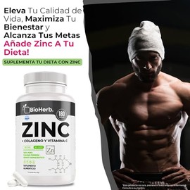 BioHerb Zinc + Colageno y Vitamina C (180 Capsulas 500mg) | [Extremadamente Eficaz] - | Recuperacion y Descanso | Calidad Suprema | Grado Farmaceutico