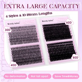 Lash Clusters 30D+40D+60D+80D Wispy Individual Lashes D-Curly Volume Lash Extensions 10-18mm Natural DIY Cluster Lashes for Beginners