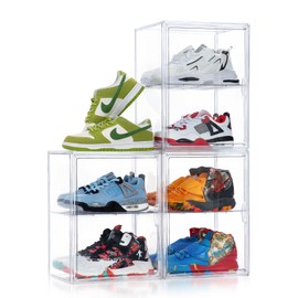 3 Pack Super Large Magnetic Boot Storage Boxes Clear Stackable Storage Bins with Adjustable Divider, Acrylic Plastic Shoe Boxes Organizers Container With Lids Fits Up to Size 16