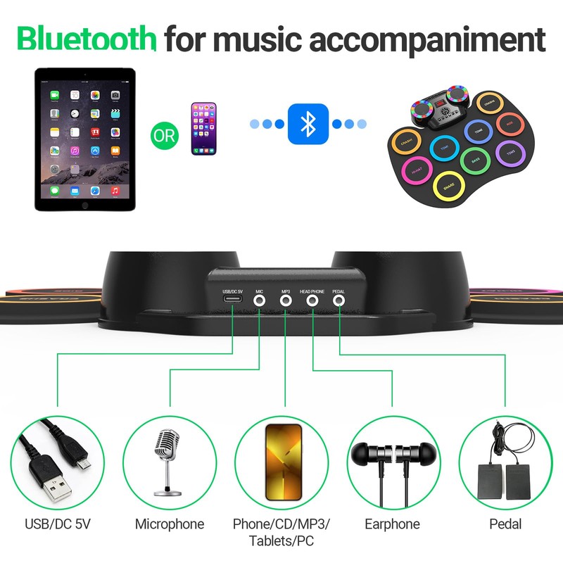 ROCKSOCKI Electronic Drum Set 9Pads with LED Lights, Bluetooth Portable