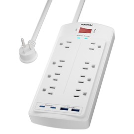 Surge Protector Power Strip, POWSAF 5Ft Flat Plug Extension Cord with 8 Outlets and 2 USB-C 20W Fast Charging Ports and 2 USB-A Ports for Home, Office, 2700 Joules, ETL, White