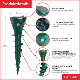 PATTLER® Mole Repeller Set of 4 – Effective Mole Repel on Approx. 800 m² – Flexible Use Thanks to Solar Panel – Innovative Screw Design Increases Effectiveness