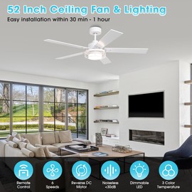 Ceiling fans with Lights and Remote 52 Inch Industrial Ceiling Fan for Bedroom Living Room Patios, Farmhouse Chandelier Fans Outdoor/Indoor, 6 Speeds, Reversible DC Motor, Dimmable, White