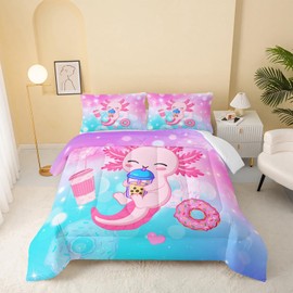 QOOMO Cartoon Pink Axolotl Soft Lightweight Bed Comforter Set Funny Marine Life Kids Comforter Set Gradient Donut Print 3D Quilt Set Bedroom Decoration Twin Size 1 Comforter Set 2 Pillowcases