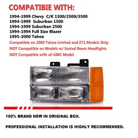 ISHARINGAUTOPARTS Headlights Assembly for 1994 1995 1996 1997 1998 Chevy Silverado Tahoe Suburban C/K 1500 2500 3500 NOT For GMC Replacement Headlamp w/Bumper Lights