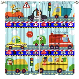 AAVEUP - Cortinas de decoración de coche para niños, dibujos animados, animales del bosque, guardia de carretera, construcción de luz roja, camiones, cortinas de ventana para niños, guardería,