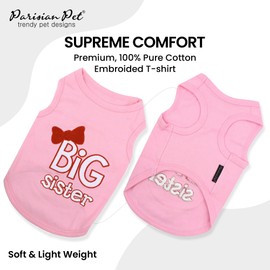 Parisian Pet Cat and Dog T-Shirt with Embroidered ' Big Sister ' - Breathable Big Sister Dog Shirt - Sleeveless Pet Vest - Machine Washable Pink Dog Clothes for Medium-Sized Dogs, M
