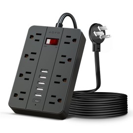 10ft Extension Cord Long Power Strip,AOFO 8 Widely-Spaced Outlets & 6 USB（1 USB C） Ports Flat Plug Power Strip,Power Cord for Wall Mountable and Desktop Black