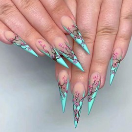 Press on Nails Pointed Almond Glossy Full Cover Acrylic Almond Medium Length French False Nails with Pink Floral Designs Artificial Fake Nails Glue ons Almond Nails Stick on Fingernails for Women