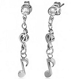 Stainless Steel Silver-Tone Musical Clef Music Notes Dangle Drop Womens Earrings