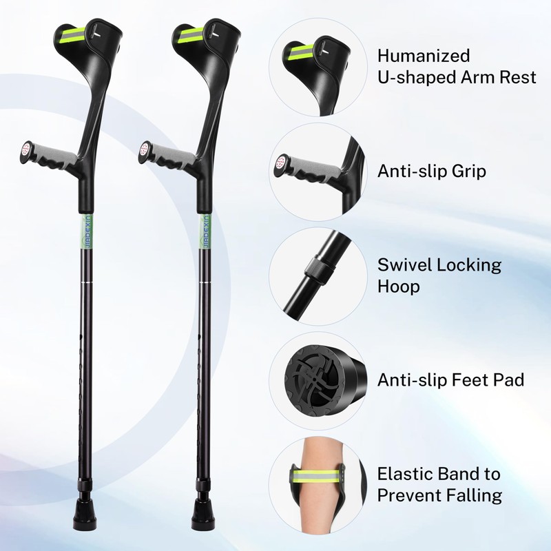 Forearm Crutches for Adults,Open Cuff,Handle with Light Reflector,Foldable and Height-Adjustable