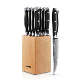 Steak Knives Set of 8, 4.5 Inch Non Serrated Steak Knife Set with Beech Block, Stainless Steel Steak Knives, Full Tang Handle Design for Kitchen Dinner