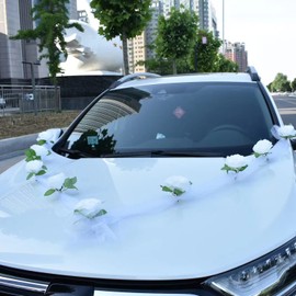 Chexin Car Decoration Wedding White Wedding Car Decoration Set, Car Wedding Garland, Flower Decoration Car Wedding, DIY White Gauze Rose Decoration Set, Car Jewellery Wedding with 9 Roses, 2 x 1.6 m