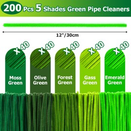 LXVPKH 200Pcs Green Pipe Cleaners, 5 Shades Green Chenille Stems, 12 Inch Fuzzy Sticks, Thick Pipe Cleaners Craft Supplies for Christmas Tree, Wreath, DIY Flower, Kids Art Craft, Holiday Decorations