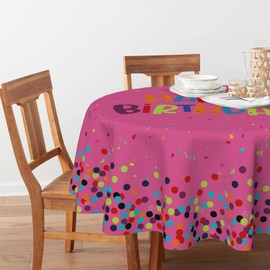Horaldaily Birthday Tablecloth 70×70 Inch Round, Happy Birthday Pink Washable Seasonal Table Cover for Party Picnic Dinner Decor