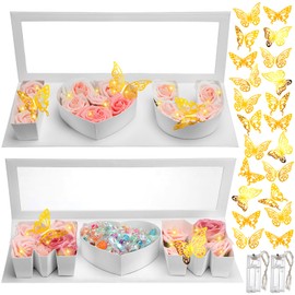 Vertintong 2 Sets Mother's Day I Love U Empty Flower Gift Box Fillable Packaging Box with 24 Pcs Gold Butterfly Decoration for Flowers Mother's Day (White)