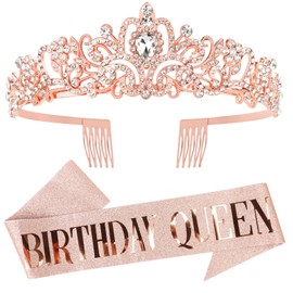 AQOKKA Birthday Crown and Sash for Women Birthday Queen Sash & Glitter Rhinestone Tiara Set Women Crystal Hair Accessories Party Supplies Birthday Decoration for Girls